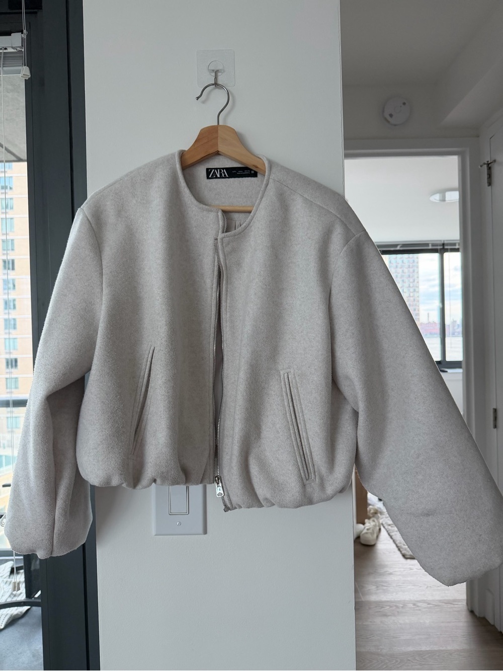 Zara Cream Round-Neck Bomber Jacket